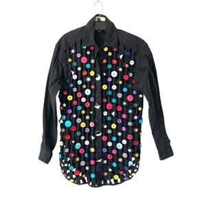 Vintage Yak Magik Woven Lattice Button Embellished Colorful Black Top Tunic